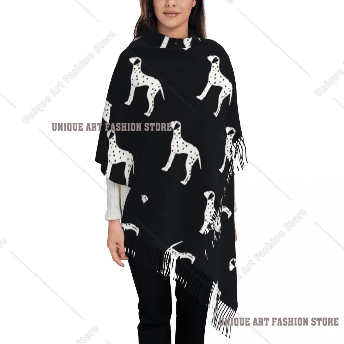 Women's Tassel Scarf Dalmatian Dog Animal Lover Long Soft Warm Shawl and Wrap Cute Cartoon Gifts Cashmere Scarf