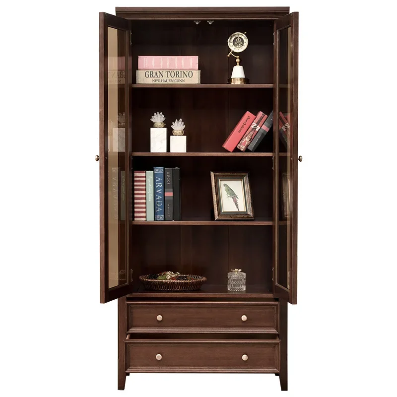 

American solid wood bookcase, living room against the wall, two-door wine cabinet, small apartment study with glass door