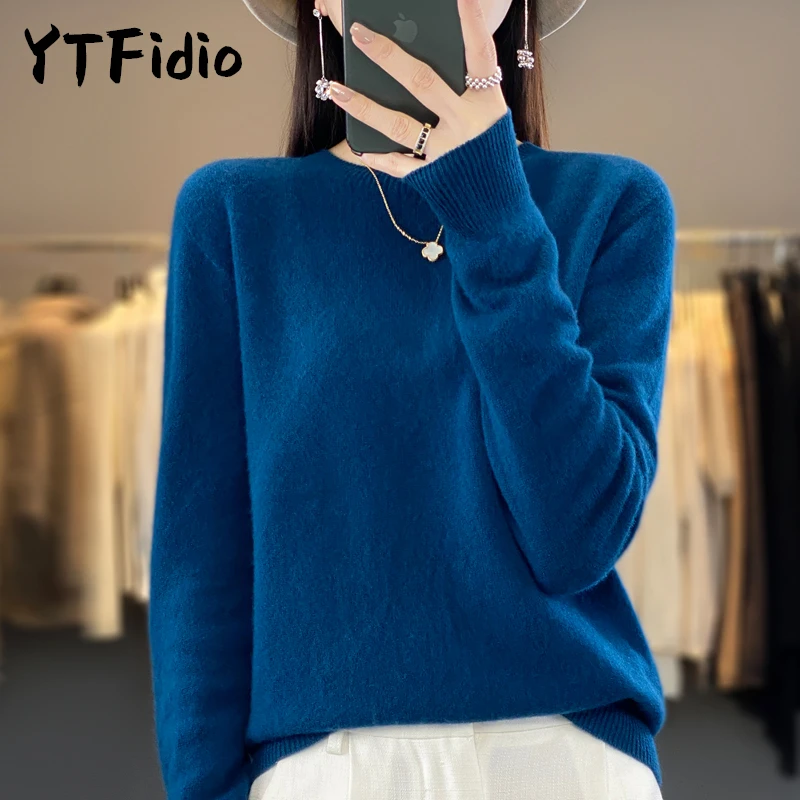 YTFidio 100% Wool Women O-neck Solid Sweater One Sweater From A Single Yarn Causal Sweaters Solid Knitted Tops Loose Pullover 84