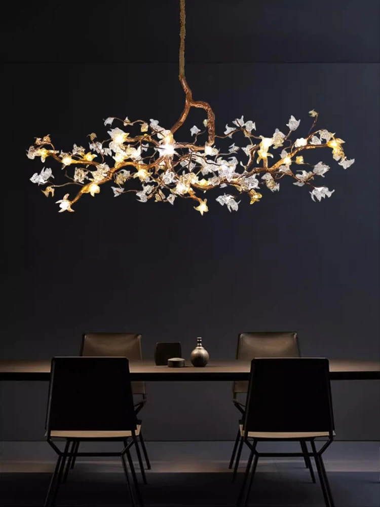 LED New Chinese Restaurant Light Luxury Atmosphere Villa Dining Table Art Living Room All Copper Branch Tea Room Pendant Light