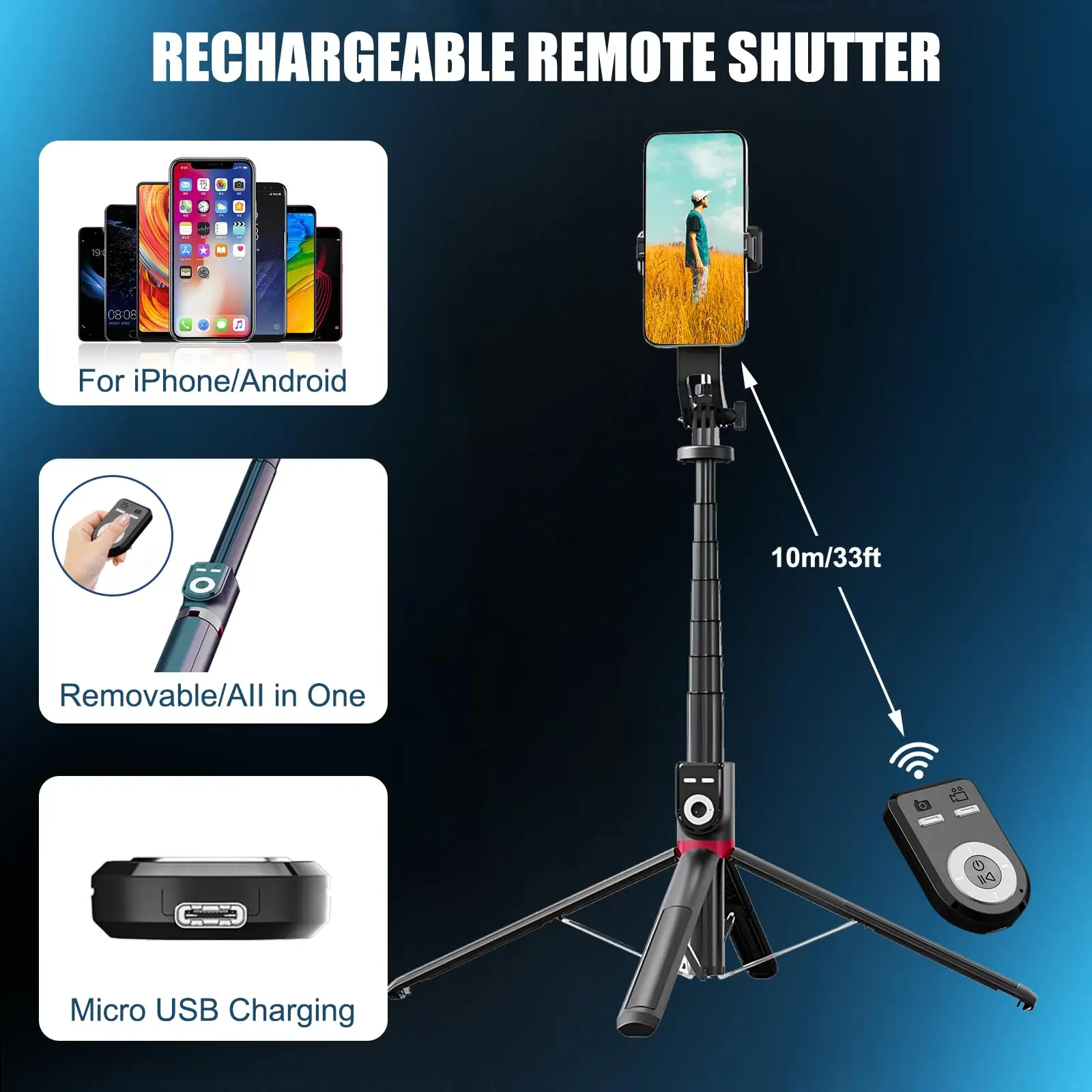 DIXSG 220 Cm Mobile Phone Selfie Stick with Removable Remote Control 360° Rotation  Extendable Mobile Phone Quad Tripod Stand