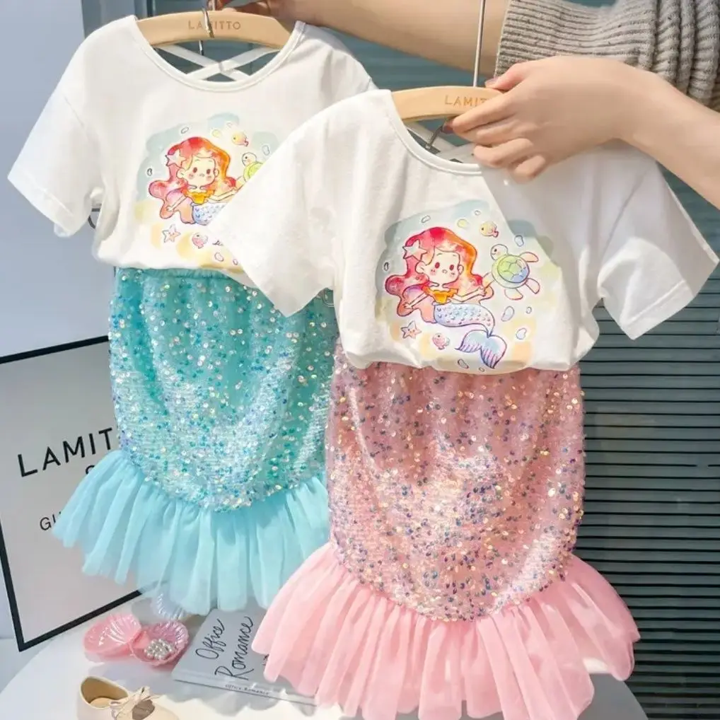 Little Mermaid Dress Set Ariel Princess Dress For Girls Mermaid Tale Skirt Sequin Toddler T-shirt Cartoon Dress