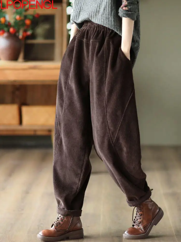 Literary Pure Cotton Corduroy Casual Pants Women\'s Autumn 2023 New Stitched Harem Pants Loose Vintage Versatile Pants