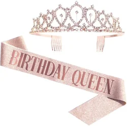 Birthday Queen Crown Girl Women Bling Rhinestone Crystal Birthday Decoration 18 21 30 40 50th Satin Sashes Anniversary Supplies