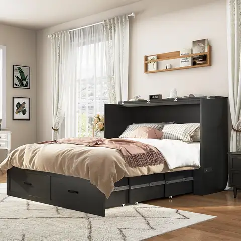 Queen Murphy Bed Chest with Drawer & Charging Station, Space-Saving Wood Folding Storage Cabinet for Bedroom Office, Customized