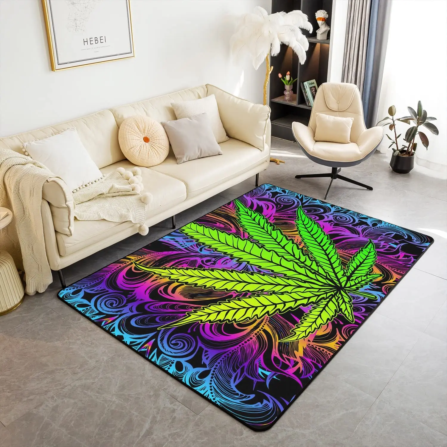 Trippy Cannabis Leaves Area Rug for Bedside Living Room Playroom, Marijuana Weed Leaf Carpet Bohemian Floor Mat Non Slip Doormat