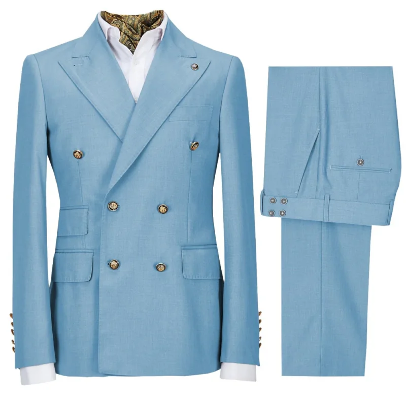 Lansboter Sky Blue Men Suit 2 Pieces Solid Double Button For Wedding Banquet Birthday Party Business Work Set Jacket With Pants