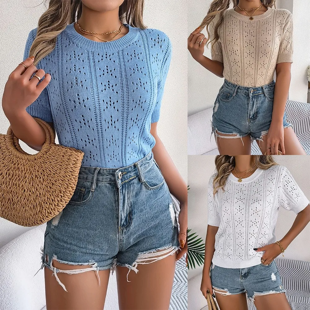 

Summer Spring Women's Clothing Casual Solid Color Cropped Knit Top For Woman Lightweight Short Sleeve Tee With Round Neck