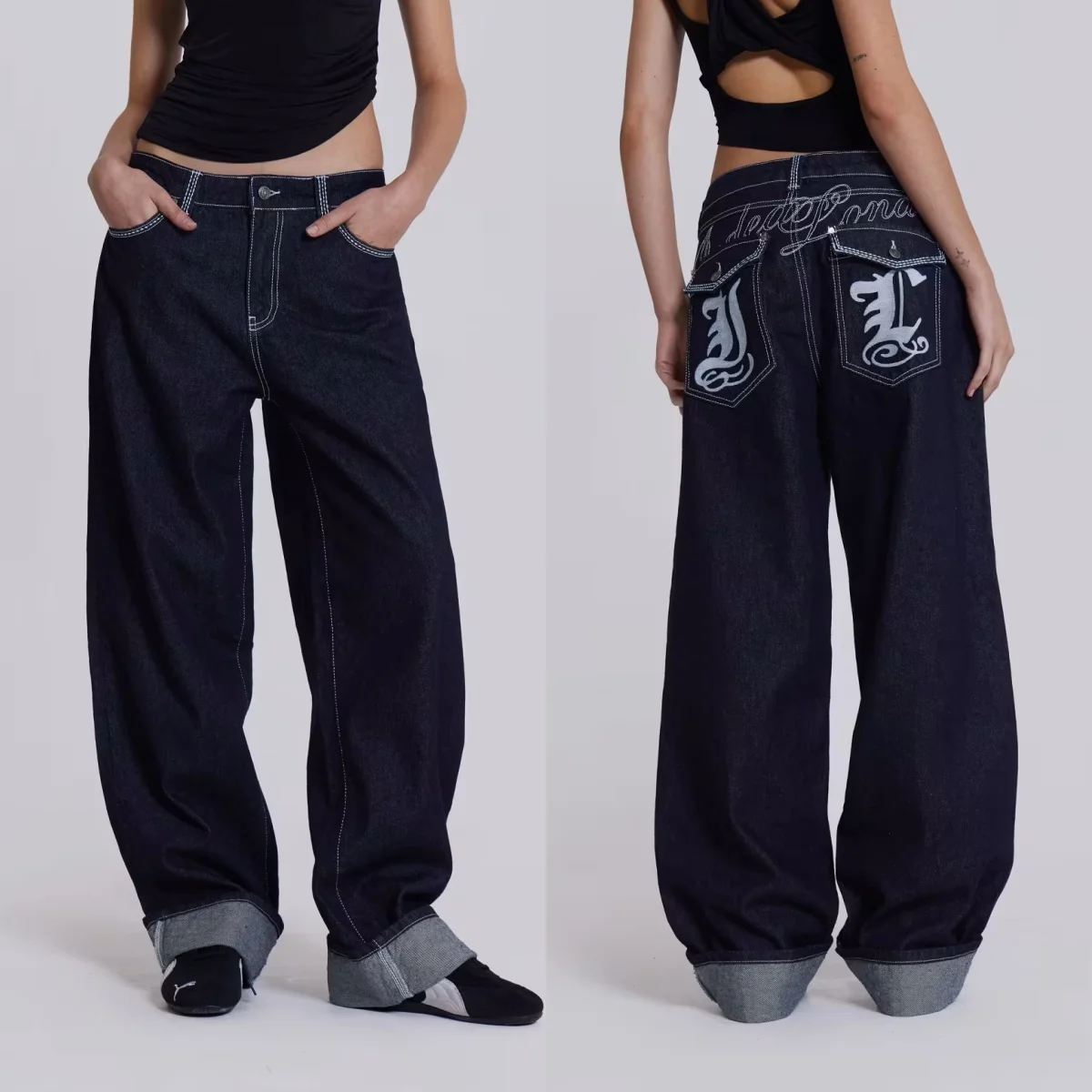 جاد جينز فضفاض مطرز، اللون الأصلي مستقيم الساق منتصف منخفضة الخصر ريترو فضفاض بنمط الألفية، نمط الشارع العصري الراقية الشارع Y2K الجينز، السراويل فضفاضة خمر مستقيم الساق #1