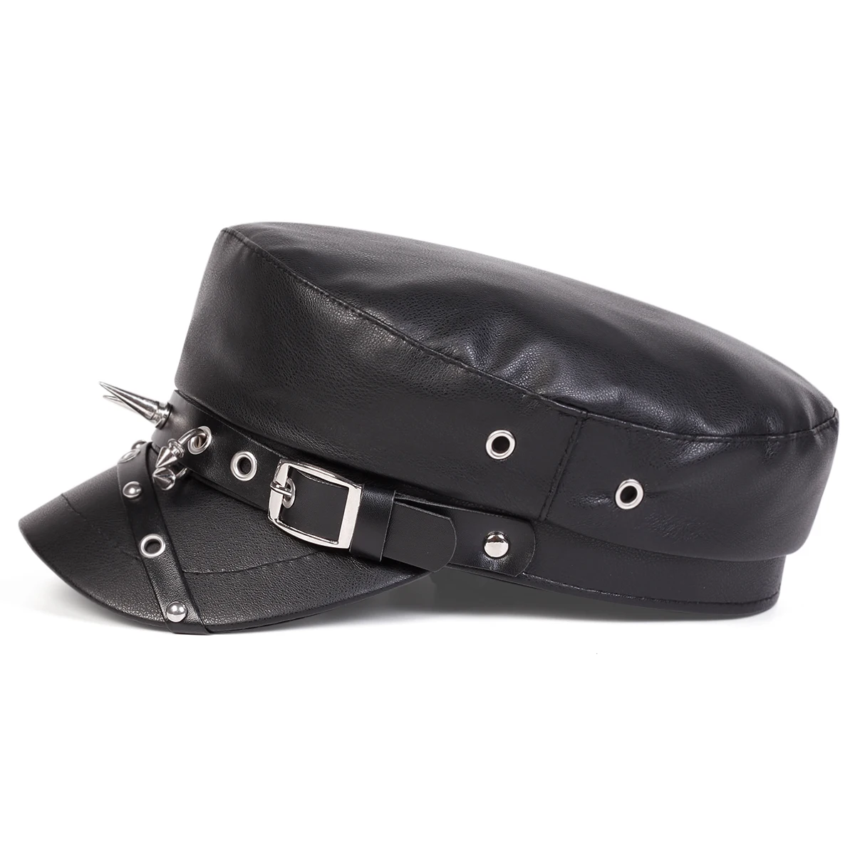Unisex Rivet Buckle Leather Hat Spring Autumn Sailor Hats Black Beret Cap Men Flat Top Captain Military Caps image 3