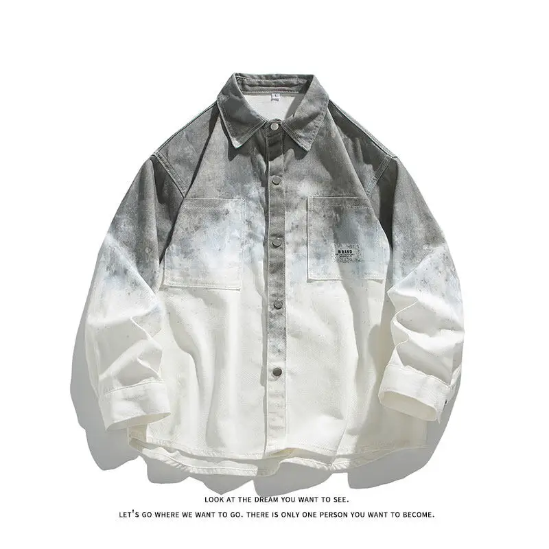 Korean Gradient Colour Long-sleeved Shirt Men's Summer Trend of New Casual Shirt Graffiti Street Denim Jacket