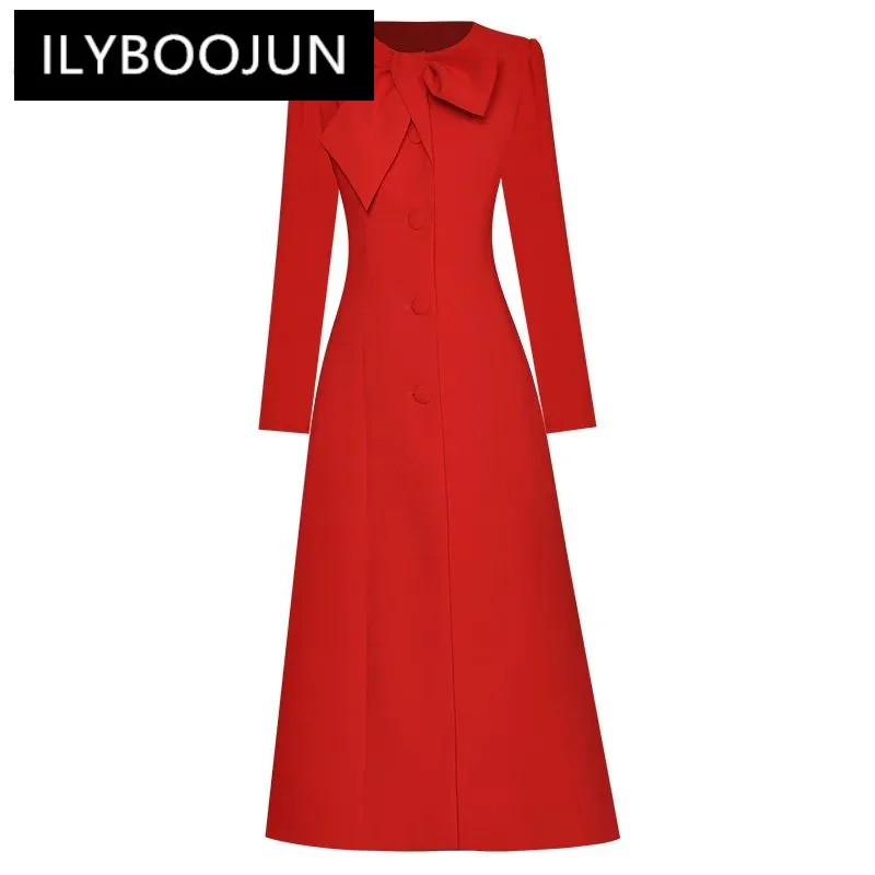 

Dresses For Women 2024 Luxury Brand High Quality Runway dress O-neck Bow Long Sleeve Single Breasted Split Thickened Red