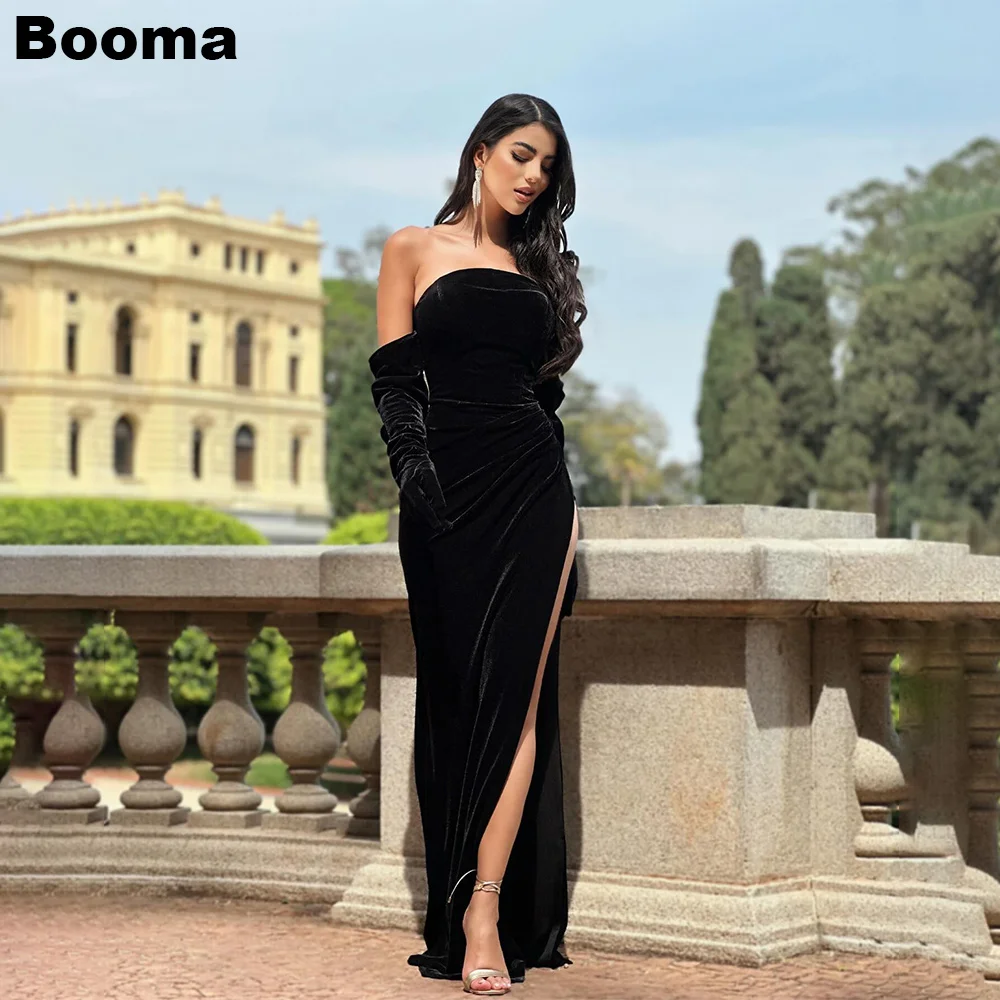 

Booma Black Velour Elegant Mermaid Evening Dresses Strapless Prom Gowns High Leg Slit Formal Dress Celebration Party Gown