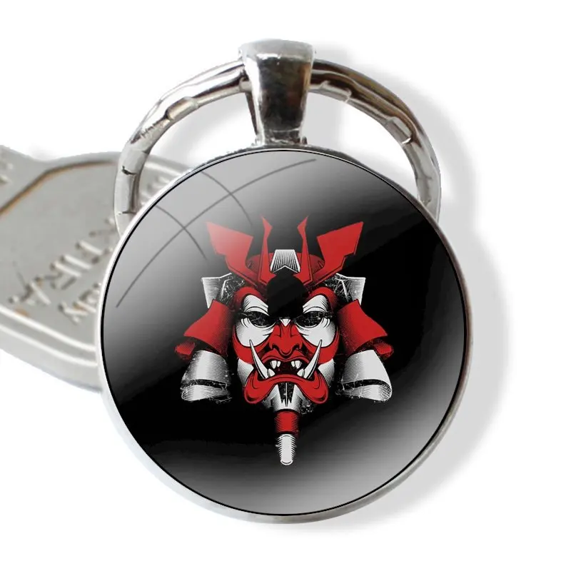 Keychain Handmade Glass Cabochon Key Ring Holder Pendant Key Chains Japanese samurai oni mask