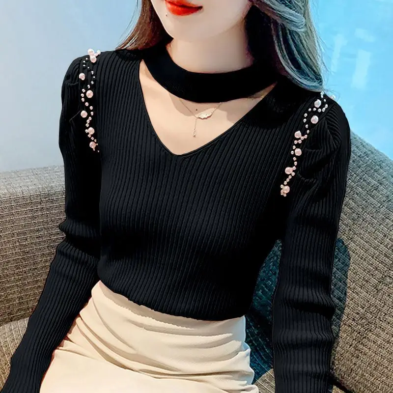 Fashion Spliced Folds Beading Puff Sleeve Blouses Women\'s Clothing 2023 Autumn Loose All-match Tops Knitted Office Lady Shirts