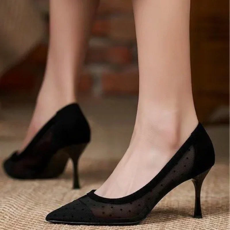 2024 New Women\'s Fashion Lace Mesh Breathable Lightweight Comfort Thin High Heel Sandals Shoes Zapatos De Mujer