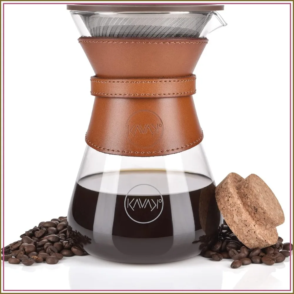 Pour Over Coffee Maker with Double-Layer Stainless Steel Filter, Borosilicate Glass Carafe, Cork Lid & Leather Collar, 37 oz