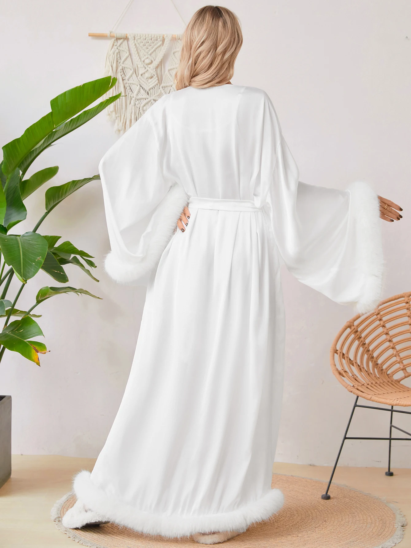 Graceful Female Silk Like Bathrobe Pure Color V Neck Nightgown Feather Wraps Lounge Wear Home Clothes Plus Size