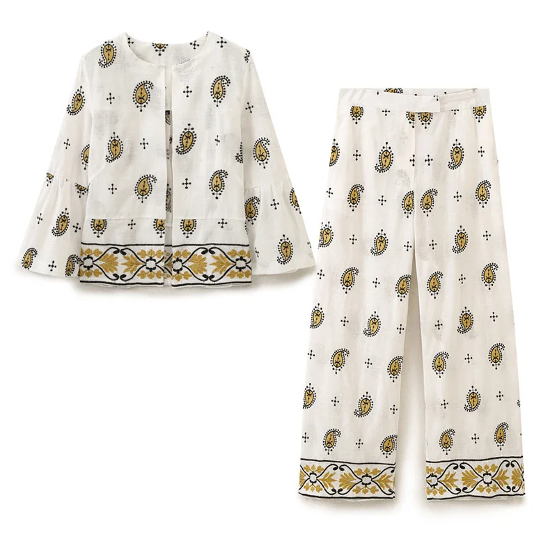 

Geometric Flower Embroidery O-neck Cardigan And Wide Leg Pant Suit For Summer Long Sleeve Top + Trouser Vacation Outfits New