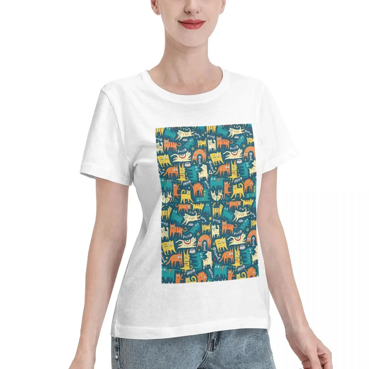 Quick Dispatch Funny Cute Colourful Crazy Cats Women's T-shirt Youthful Wear Resistant Top