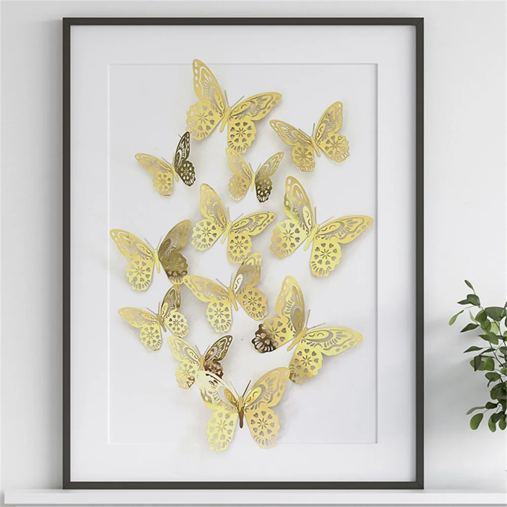 Hart Bloem Uitgehold Vlinder Muurstickers Gouden Driedimensionale Vlinders Voor Thuis Ballon Festival Party Decor 12st
