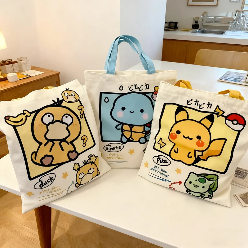 Promoção Quente: Bolsas de Ombro de Lona Pokémon Pikachu, Bolsas Casuais Femininas Psyduck e Squirtle, Sacola de Compras Reutilizável de Grande Capacidade para Mulheres