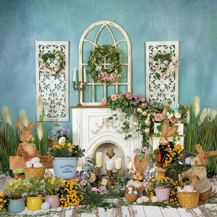 Spring Easter Photography Backdrop Flower Grass Egg Rabbit Wood Floor Child Birthday Portrait Photocall Background Photo Studio