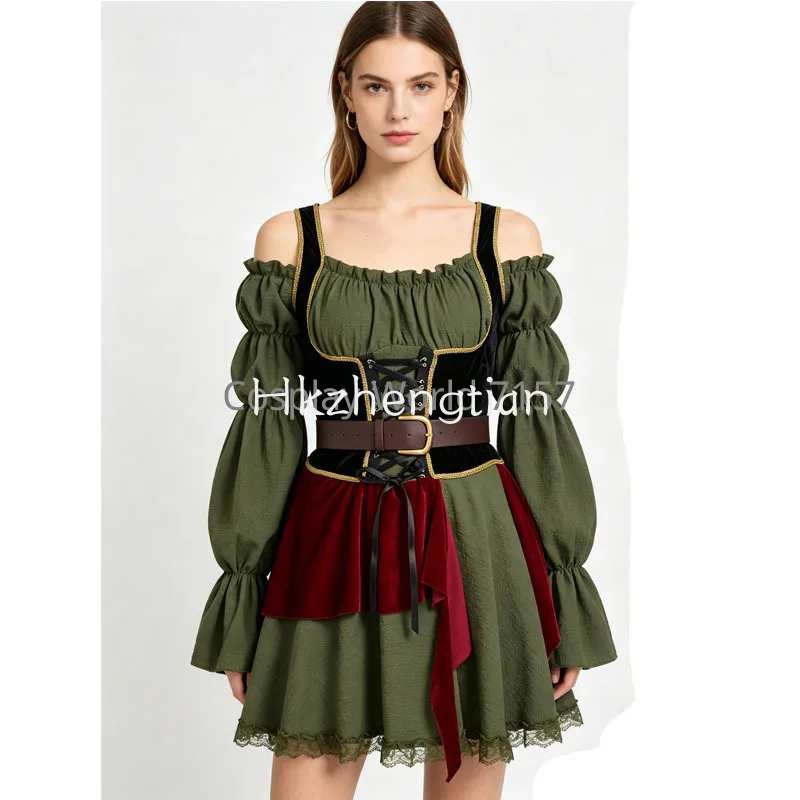 Medieval Pirate Costume Off Shoulder Bell Sleeve Mini Dress Velvet Splice Renaissance Halloween Cosplay Outfit with Bandana