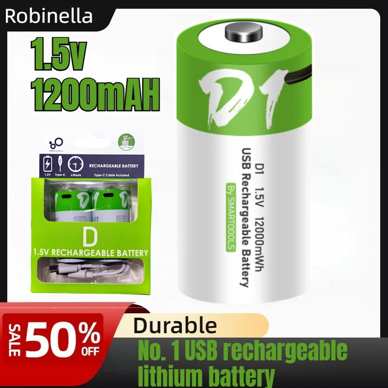 1.5V D Size 12000mWh LR20 Rechargeable Lithium Battery with Type-C Charging Cable for Flashlight, Gas Stove, Water Heater