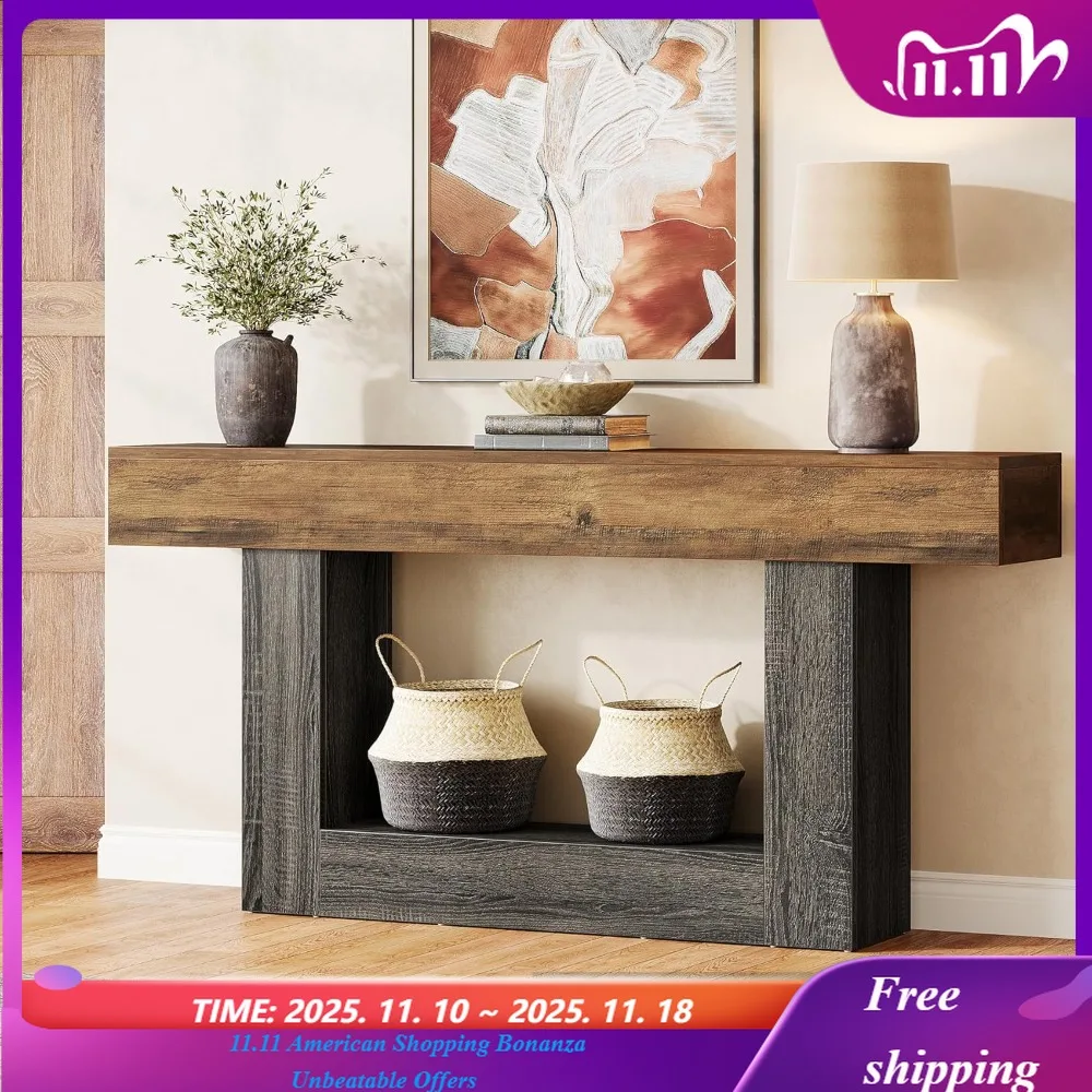Long Console Table, 2-Tier Entryway Table Sofa Table with Storage, Farmhouse Wood Behind Couch Tables