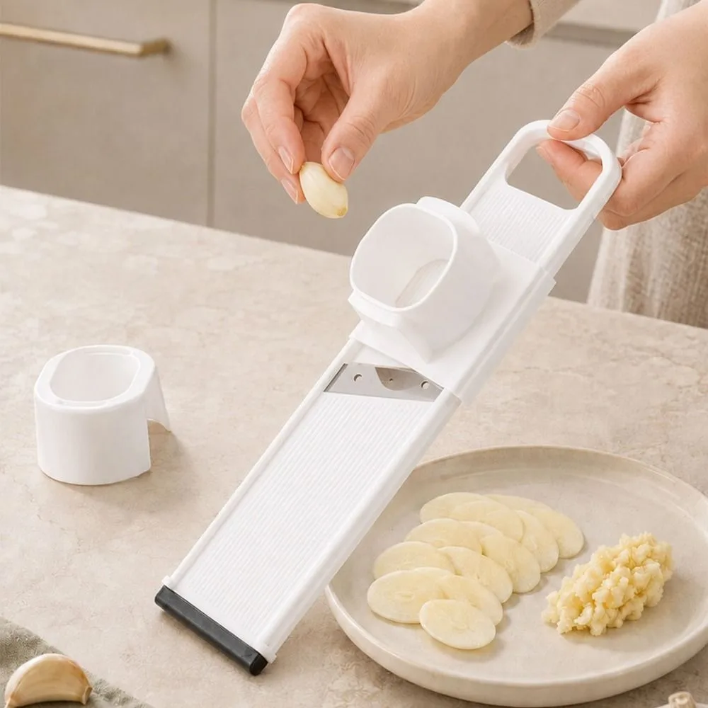 Household 2 in 1 Garlic Slicer Non-slip Base with Hand Protector Garlic Chopper Double-Sided Use Manual Vegetable Shredder Home