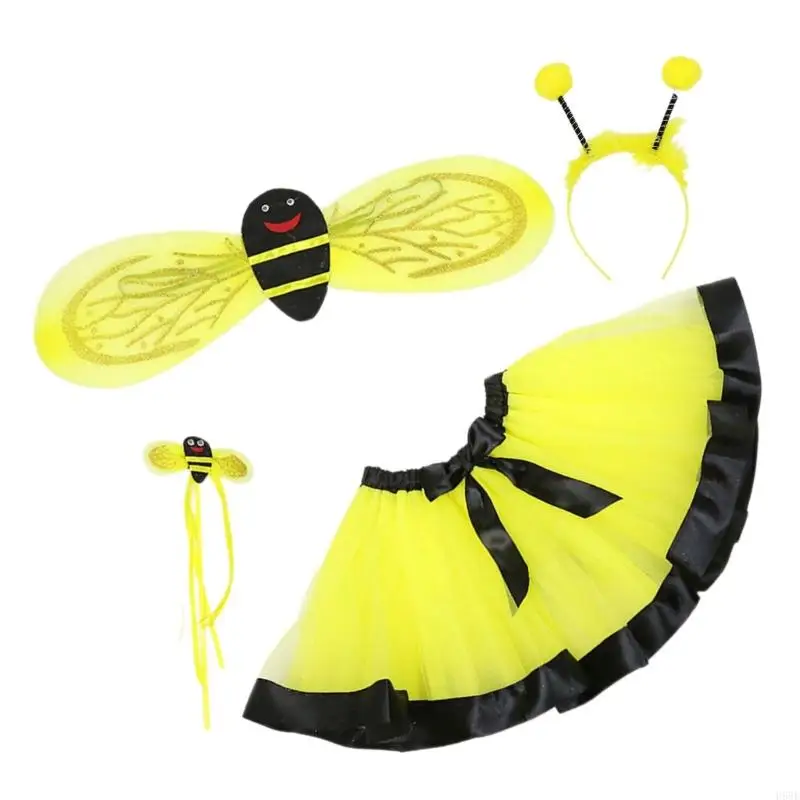 H58E bijen Fairy -kostuums met rokbijen vleugel sprookjesstaf en haarring voor kinderjongen meisje verjaardagsfeestje,