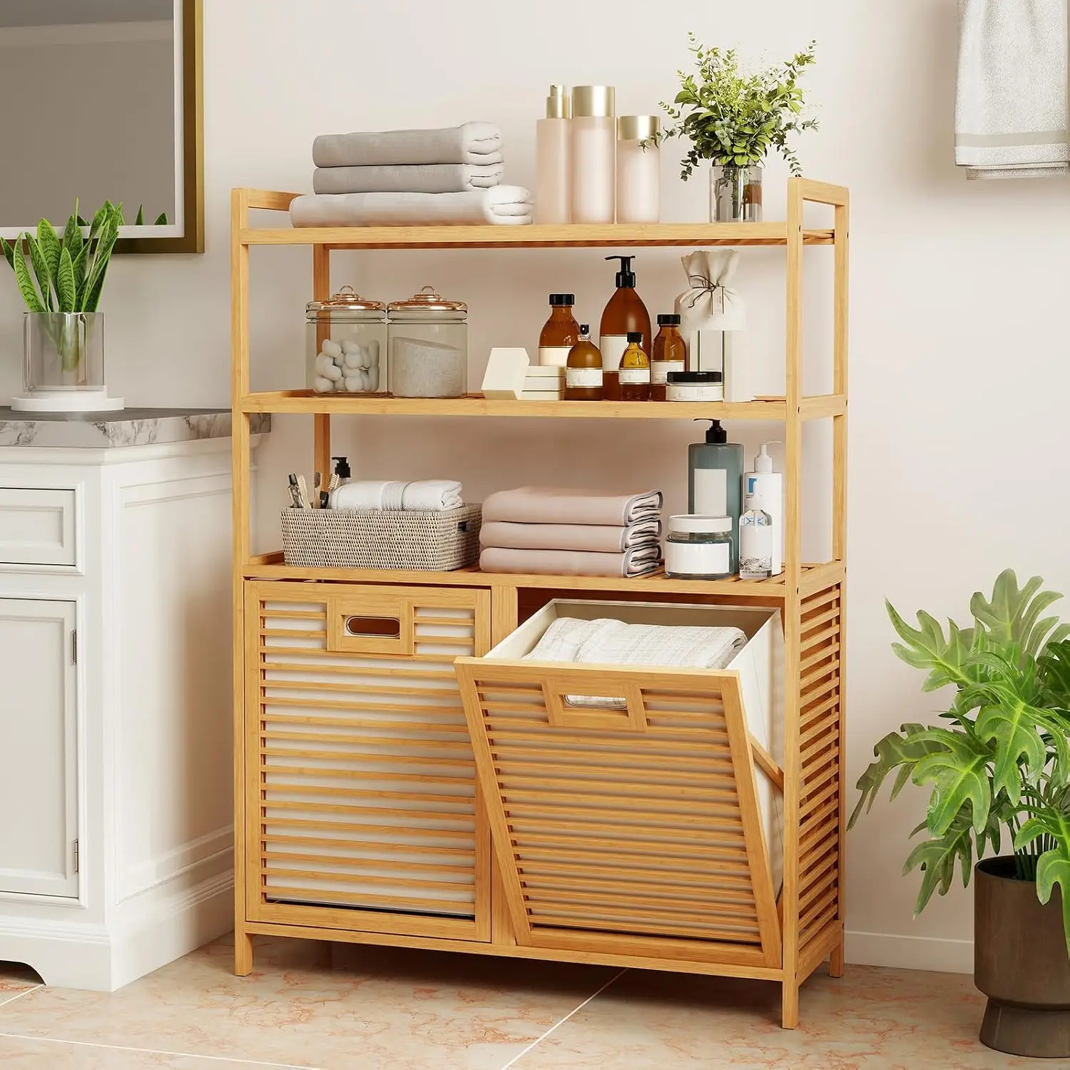 Double Tilt Out Laundry Hamper with 3-Tier Storage Shelf, Customized