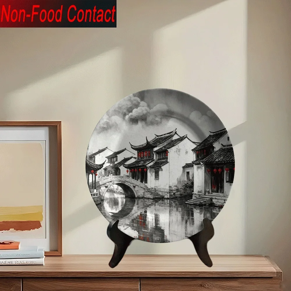 1pc Chinese Landscape Ceramic Plate - Round Decorative Dish with Traditional Chinese Scenery (Southern Water Town Art) for Home