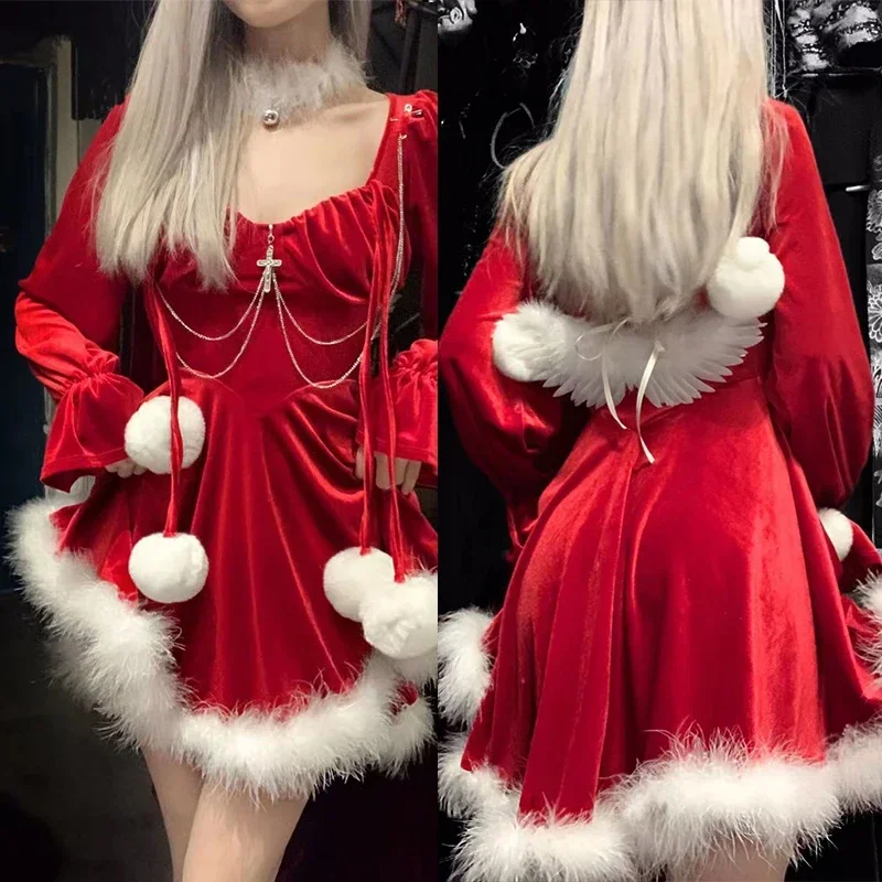 Vestido Punk Lolita de felpa con volantes y retales para niña, vestido con alas de manga larga, cosplay de Ángel de anime, uniforme de Navidad de Papá Noel, envío directo