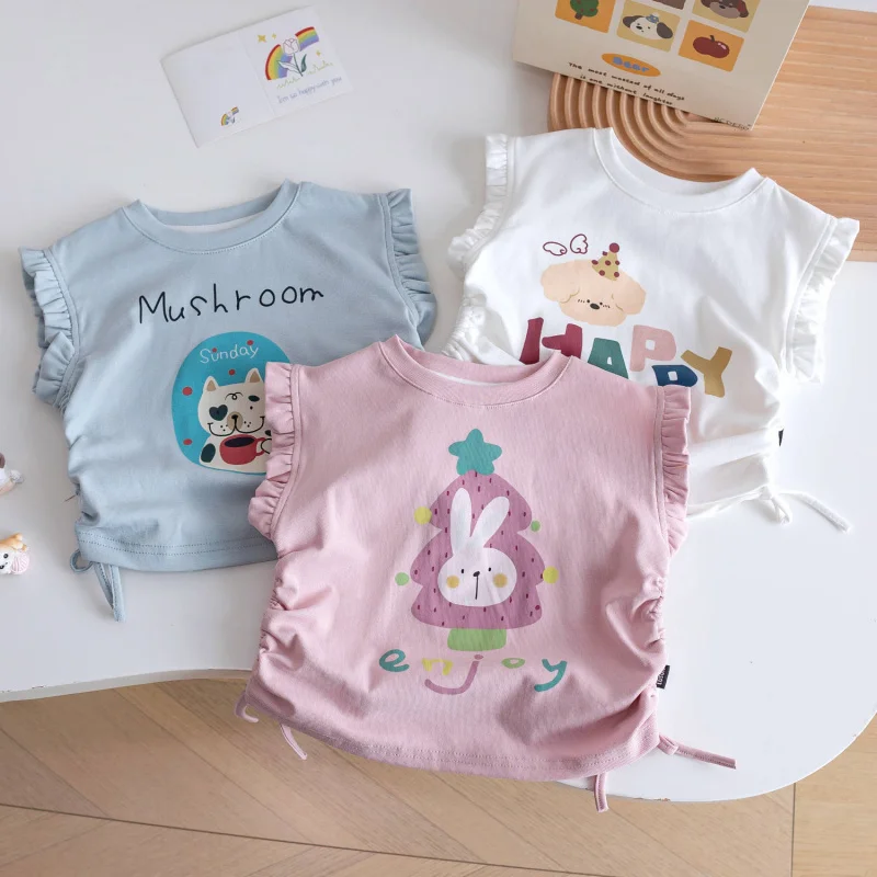 

Girls' Baby Summer Short Sleeve Cute Ruffle Sleeve Vest Girls' Fashionable Wrinkled Short SleeveTSummer Shirt