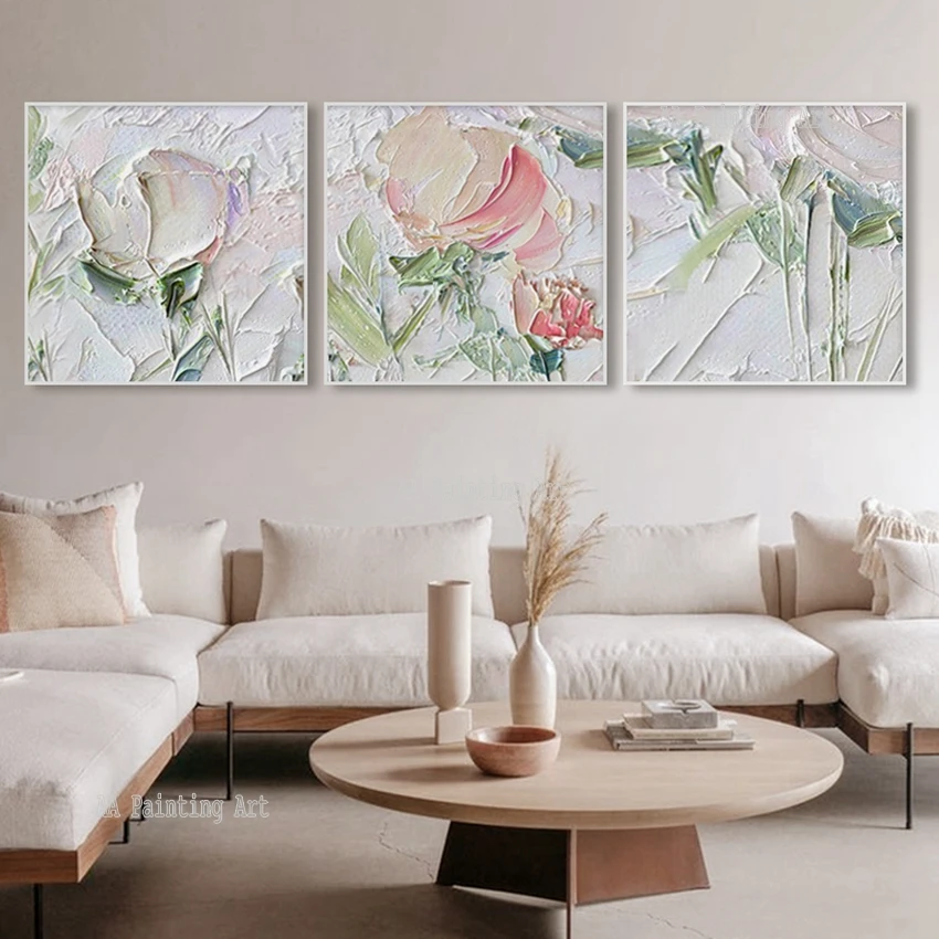 Hand-painted Palette Knife Unframed 3PCS Group Flower Oil Painting 2022 New Hot Selling Wall Art Picture Artwork On Canvas