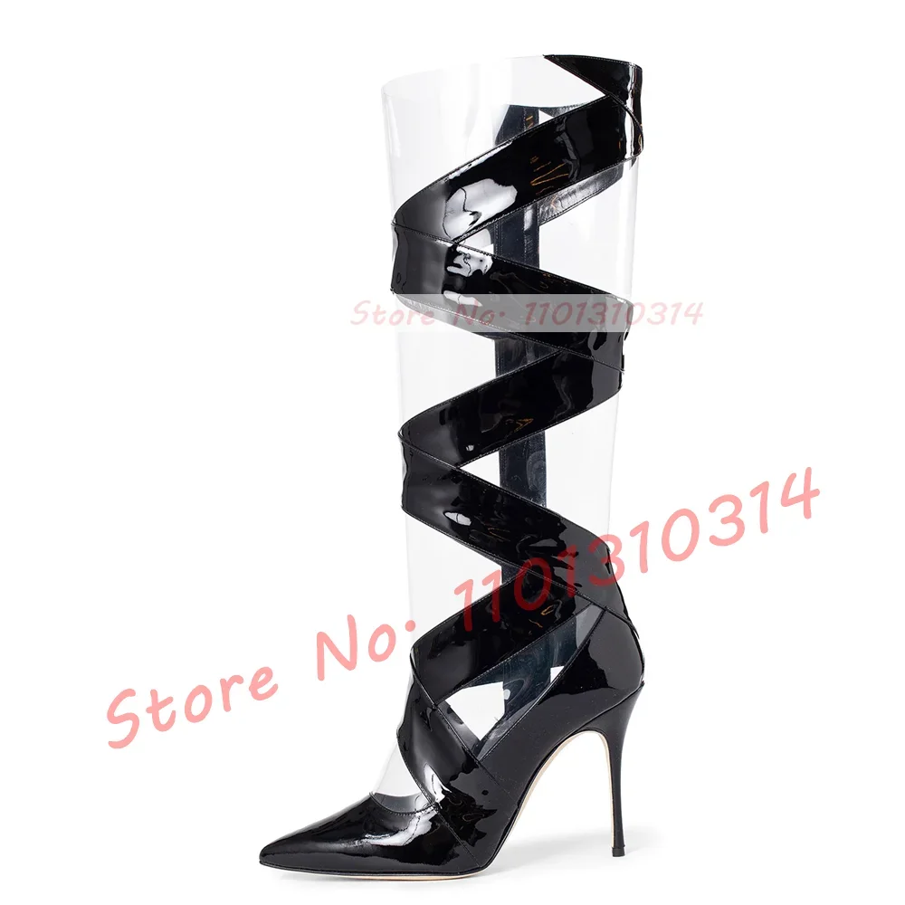 

Clear PVC Black Cross Strap Women's Boots Women Trending Pointed Toe Knee High Boots Lady Trendy Stylish Side Zipper Slim Shoes