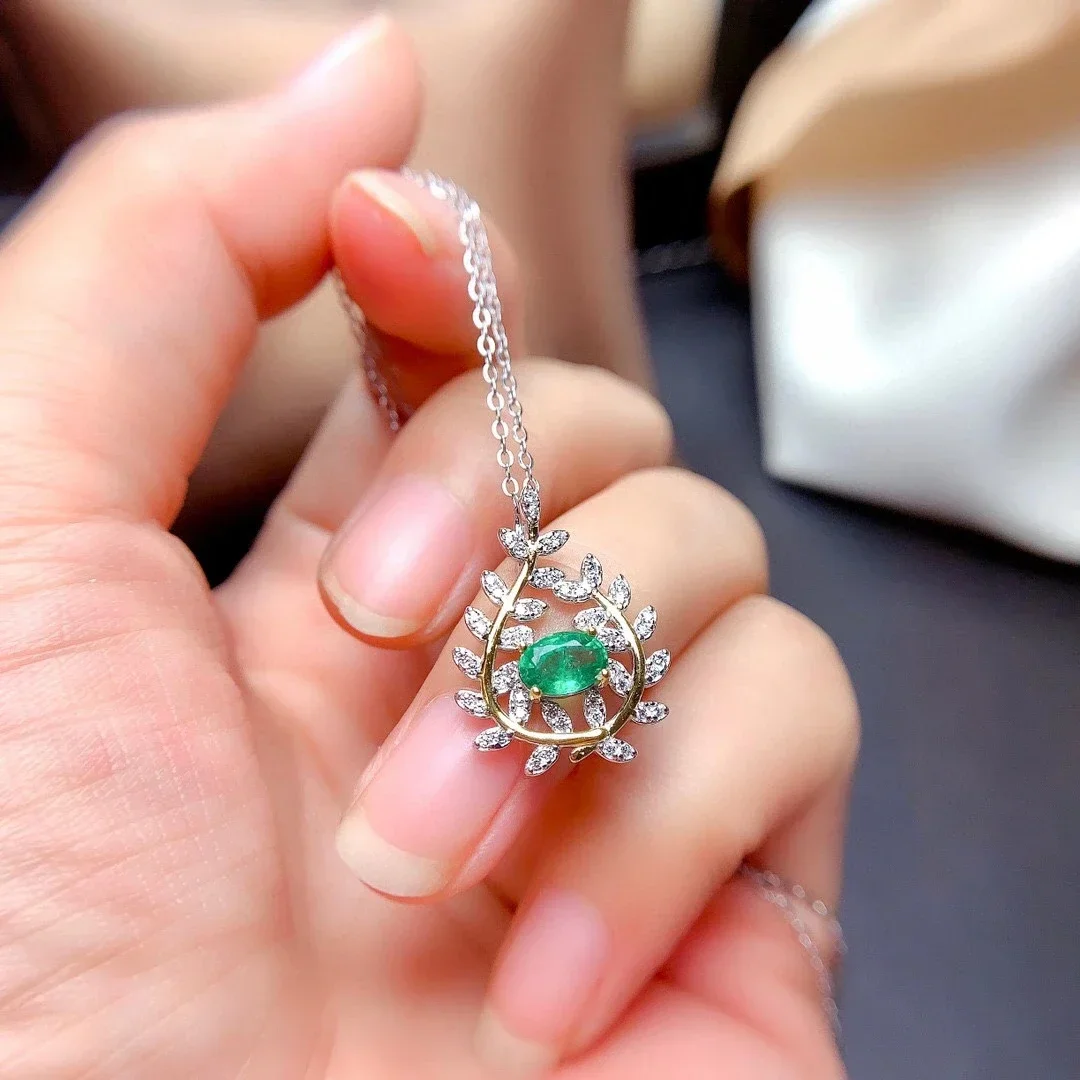 Natural Emerald Gemstone Olive Branch Pendant Necklace Real 925 Pure Silver Green Stone Fine Wedding Jewelry for Women