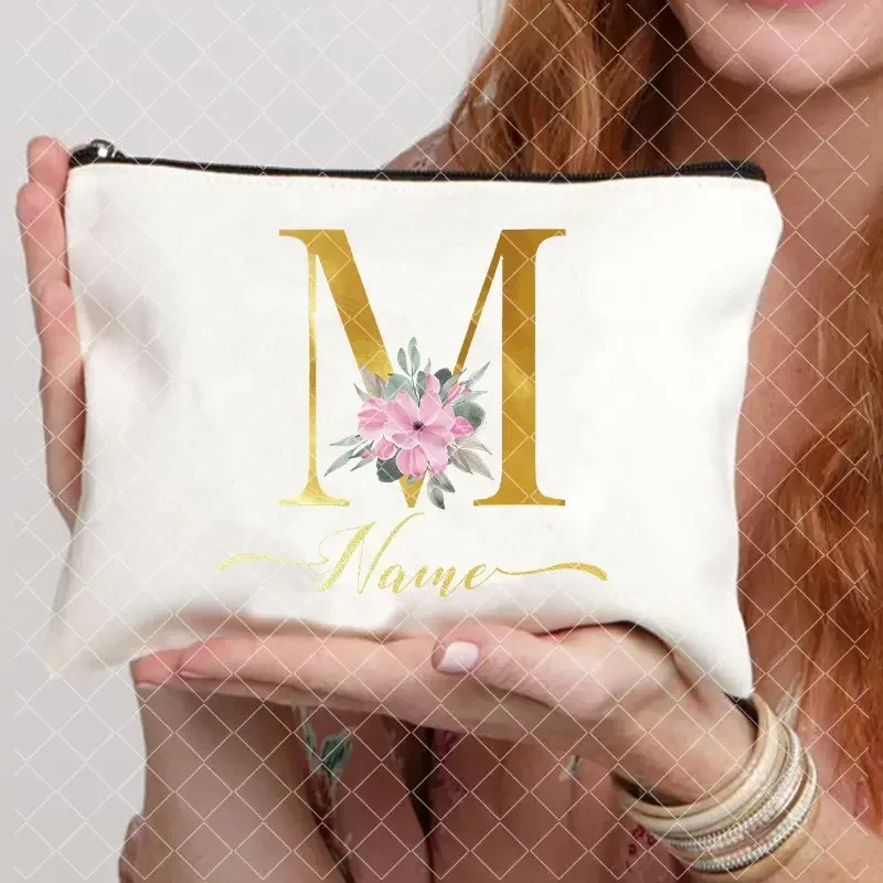 Bolsa de maquillaje con nombre personalizado para mujer, estuche de maquillaje con flor del alfabeto, bolsa de aseo nupcial, organizador de embrague, regalo de dama de honor, A-Z