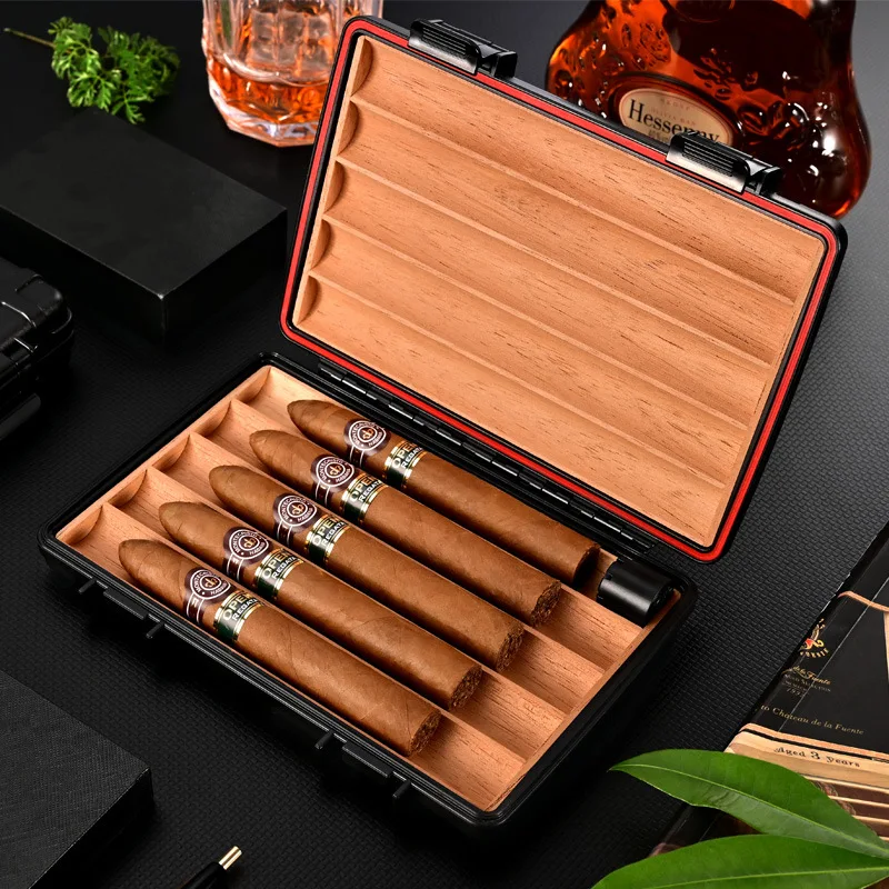 Portable Travel Cigar Box, Moisturizing Cigar Holder, Waterproof Humidor Case, 5 Cigar Set。