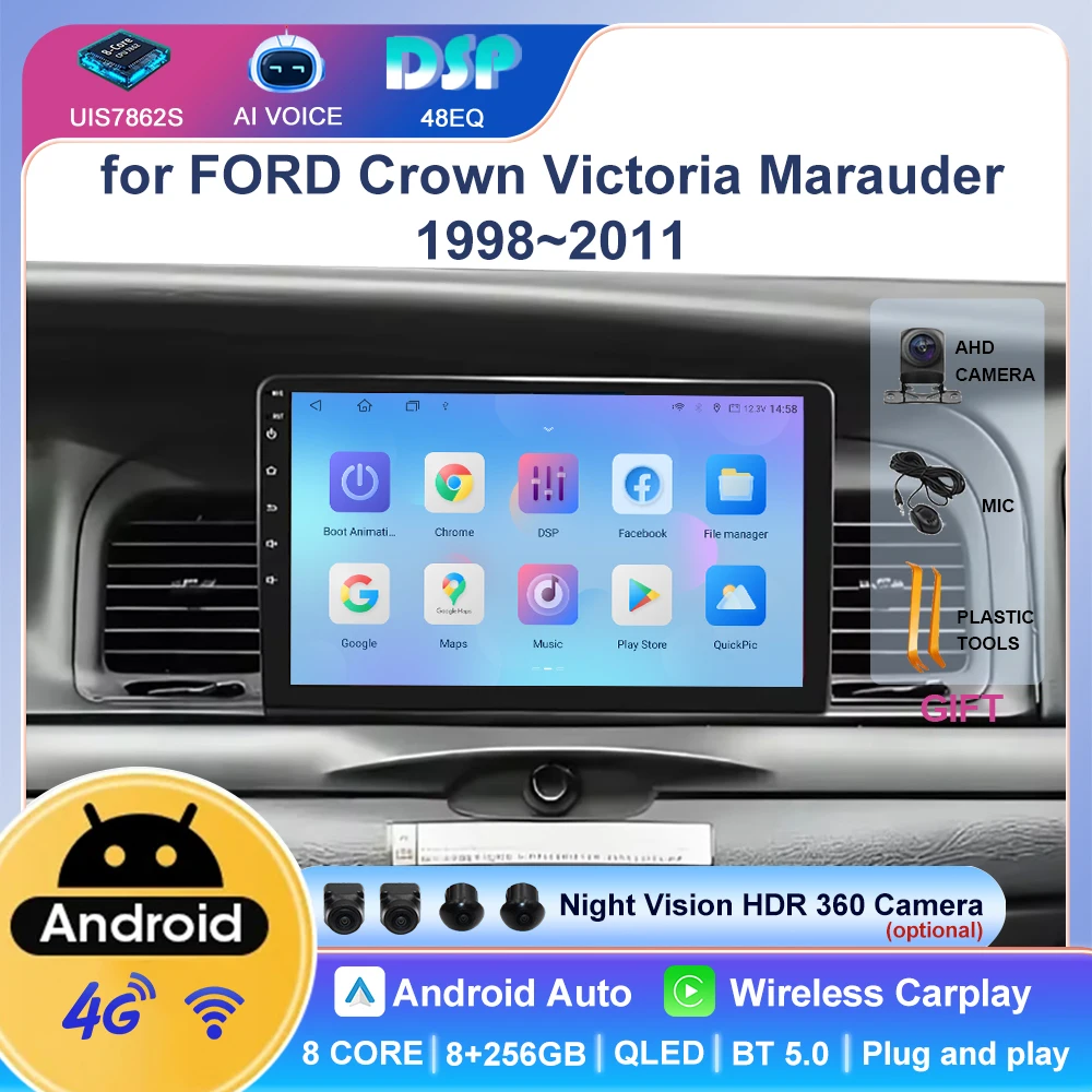 9'' 8 Core Car Stereo Android Multimedia Carplay Auto Player Touch Screen Car Radio for FORD Crown Victoria Marauder 1998~2011