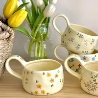 Cream yellow Ceramic Mug Korean Style Cute Flower Pattern Coffee Cup Hand Pinched Irregular Mug Breakfast Milk Tea Cups Watercup