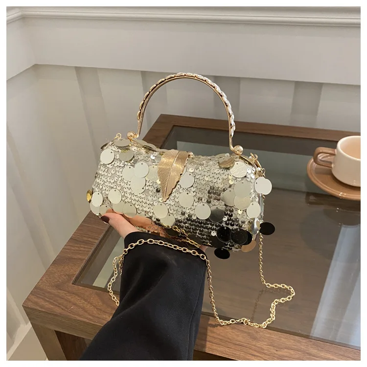 Trendy New Gold Silver Purple Sequin Evening Bag For Women Chain Shoulder Bag Crossbody Fashion Metal Handle Handbag Clutches