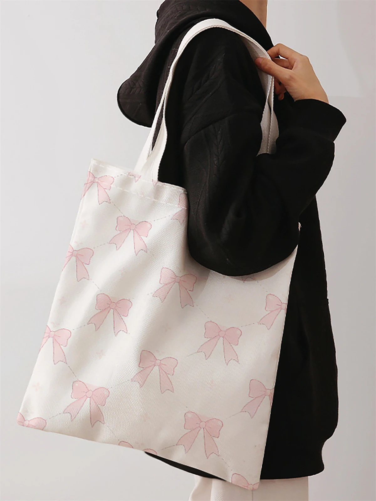 Bedruckte Freizeit-Handtasche mit Schleifenmuster, wiederverwendbarer modischer Rucksack, multifunktionale Handtasche, Einkaufstasche aus Canvas – Detail 2