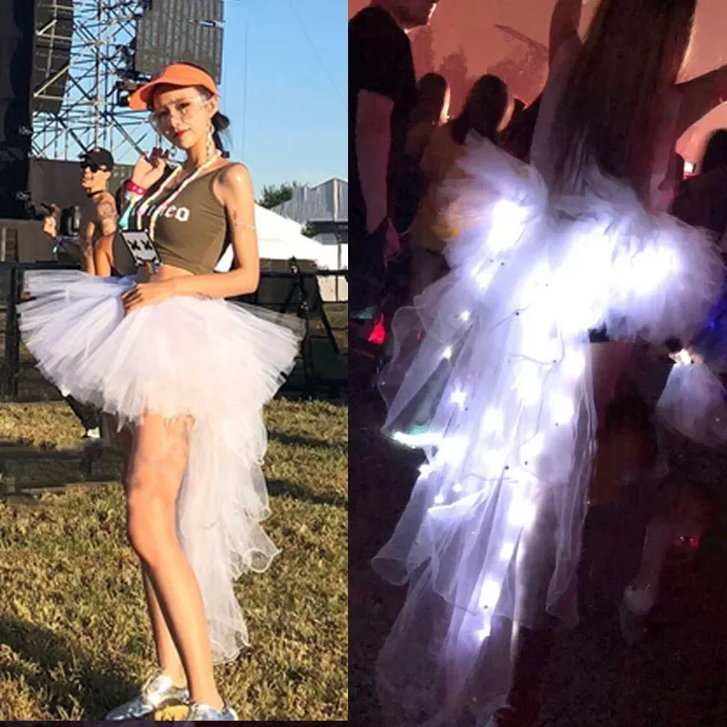 Nuevo tutú con luces LED para mujer, falda de tul multicapa, falda de baile de princesa, disfraz de Halloween para mujer, sexy, brillante, con cola larga, para fiesta de bar