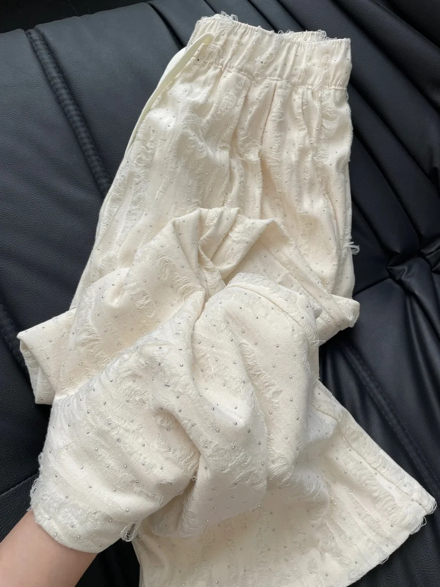 

Американские брюки-палаццо из рваного ледяного шелка премиум-класса для женщин, летние, тонкие, с высокой талией, прямые, повседневные, в пол