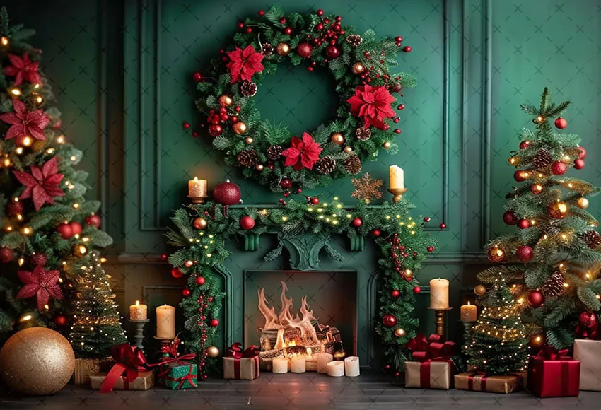 Mehofond Photography Background Green Christmas Fireplace Gifts Xmas Tree Children Family Portrait Decor Backdrop Photo Studio