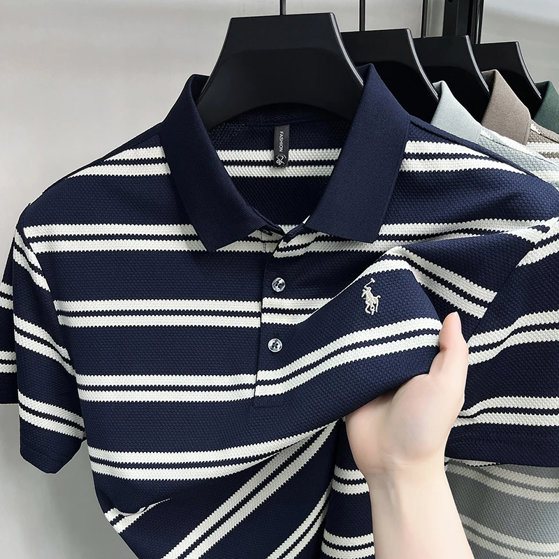 Polo de manga corta de malla piqué para hombre con rayas bordadas, camiseta transpirable de verano con cuello vuelto, holgada y casual