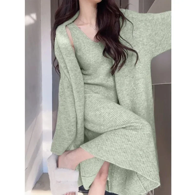 Herbst grün gestrickt Pullover Kleid Set Frauen koreanische Mode Langarm Cardigan Mantel Langarm A-Linie Kleid zweiteilig Set